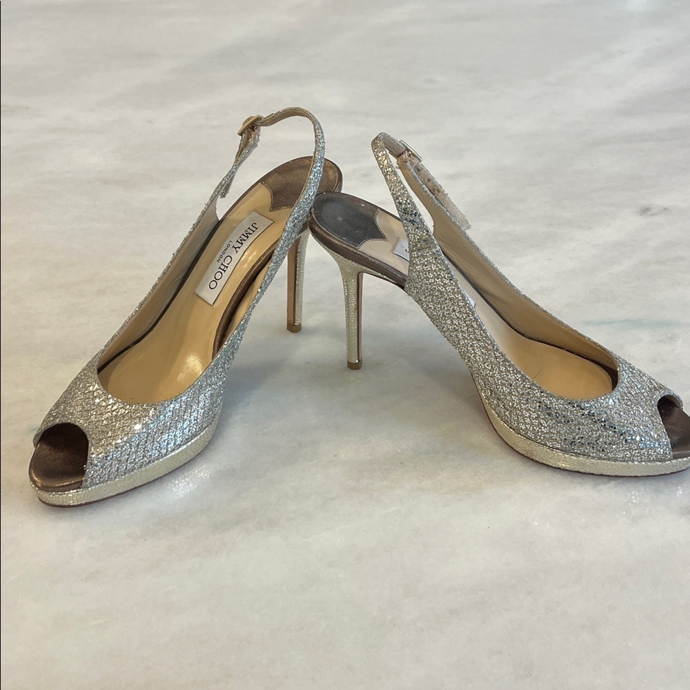 Jimmy Choo 38.5 8.5 Nova Champagne Glitter Gold Silver Peep Toe Sling Back Heels - Picture 9 of 12